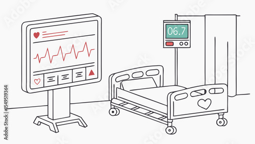 Medical Illustration of Hospital Bed Monitor and Vital Signs Display.