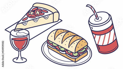 Cartoon Illustration of Pizza Slice Sandwich Soda and Wine.