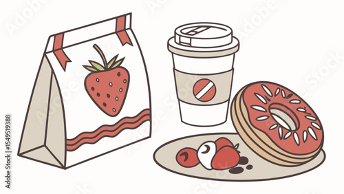 Cute Cartoon Food Illustration with Strawberry Coffee and Donut.