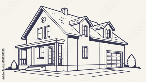 Line art illustration of a twostory house with a garage and porch.