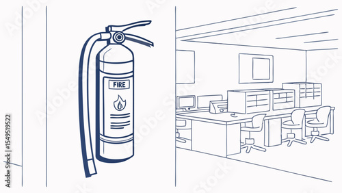 Office Interior Sketch with Fire Safety Equipment.