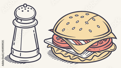 Delicious Cheeseburger with Salt Shaker Illustration.