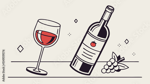Stylized Wine Bottle Glass and Grapes Illustration with Clean Lines.