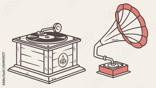 Vintage Gramophone and Phonograph Illustration with Red and Brown Color Scheme.