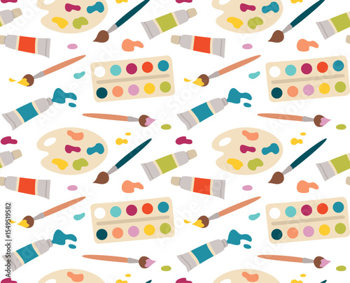 Seamless pattern with colorful drawing materials and tools. Bright background with paints, brushes and palette
