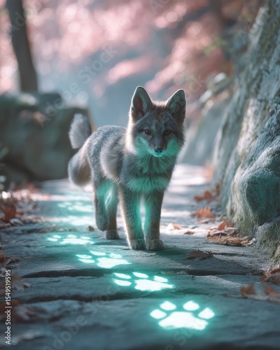 Forest trail lit by fox pawprints glowing softly, tail flick visible in background
