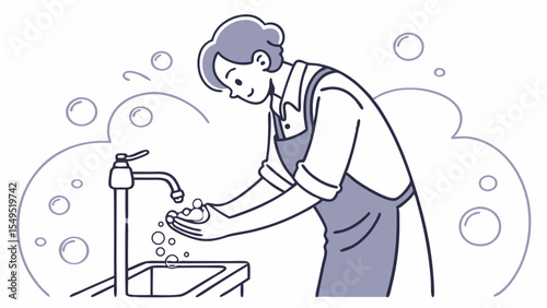 Person Washing Hands at a Sink with Soap Bubbles.