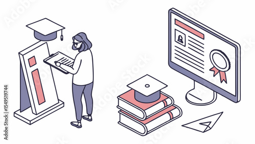 Isometric illustration of education elements with a student books and computer.