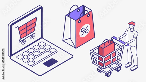 Isometric Online Shopping Illustration with Laptop Bag Cart and Person.