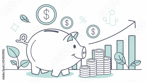 Piggy Bank with Coins and Growth Chart Illustrating Savings.