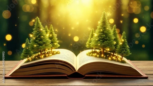 Wallpaper Mural An open book with miniature evergreen trees growing from its pages. Soft golden light shines in the background, creating a magical atmosphere. Torontodigital.ca