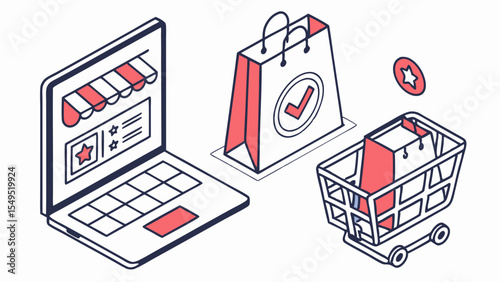 Online Shopping Experience with Laptop Bag and Shopping Cart.