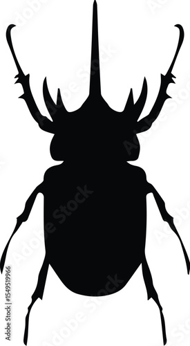 Black beetle silhouette with horn isolated on transparent background
