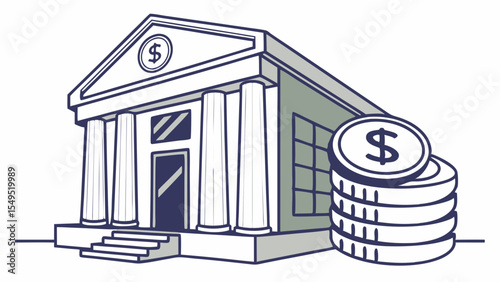 Classic Bank Building with Stack of Coins.