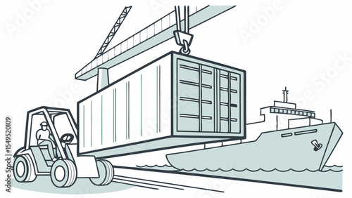 Shipping Container Being Loaded onto a Cargo Ship with Crane and Forklift.