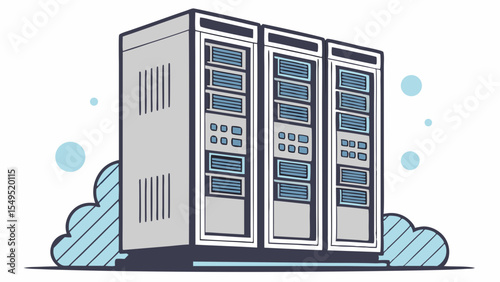 Cartoon Illustration of Three Server Racks with Cloud Accents.