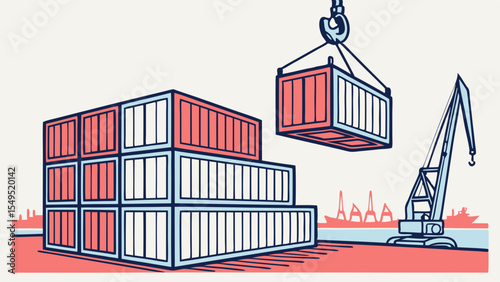 Shipping Containers and Crane at Port Stylized Illustration.