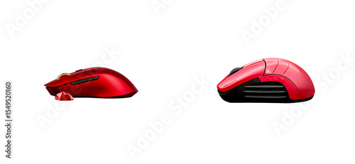 Pair of red gaming mice, computer input peripherals, cut out transparent