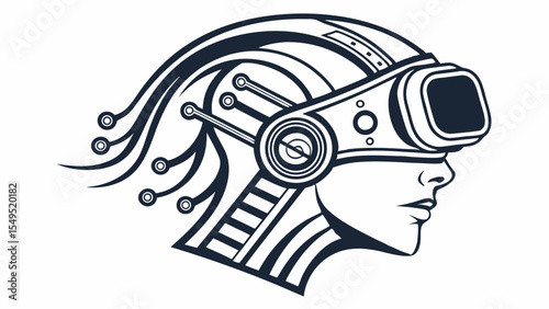 Futuristic Womans Head with VR Headset and Cybernetic Enhancements.