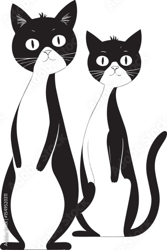 Stylized black and white cats illustration. Minimalist vector drawing of two tall, slender cartoon cats with expressive eyes and contrasting fur patterns