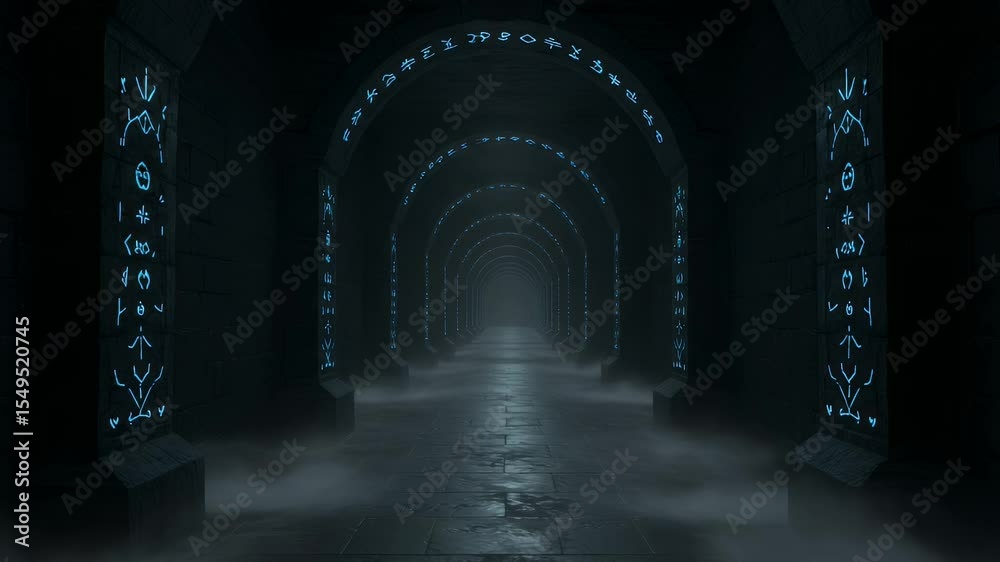 Dark, arched tunnel with glowing glyphs and mist
