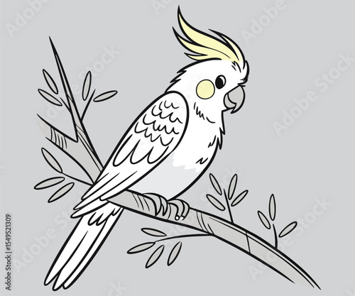 Cockatoo parrot line art vector illustration sitting on an olive branch