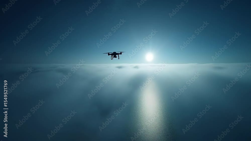 Drone flying above ocean at sunrise sky  
