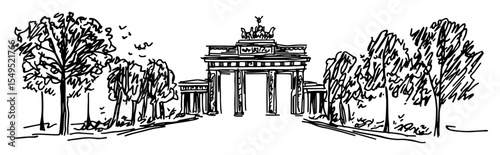 brandenburg gate vector illustration – monochrome outline drawing of berlin landmark