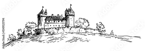 european castle on hill – black and white outline vector of historic fortress