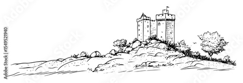 castle on the hill – black and white outline illustration of medieval fortress