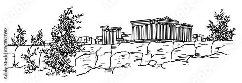 parthenon ruins in athens – monochrome outline vector illustration