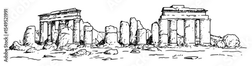 ancient egyptian temple ruins – black and white outline vector