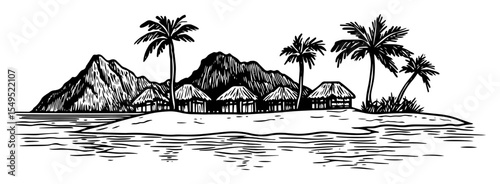 tropical island resort – monochrome outline vector illustration