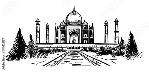 taj mahal in india – monochrome outline vector illustration of famous monument