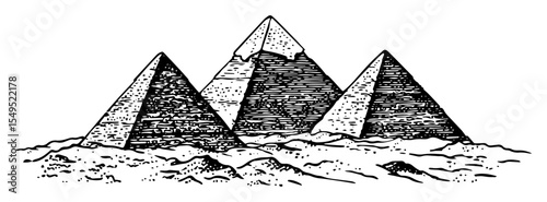 egyptian pyramids in desert – monochrome outline vector illustration