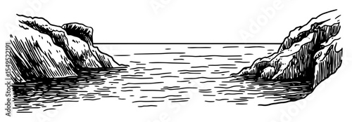 rocky sea coast – monochrome outline vector of coastal landscape