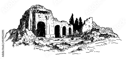 ancient roman ruins – monochrome outline vector of historical architecture