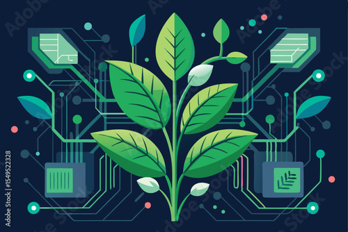 Digital computer chip on a circuit board with a flowering tree and abstract technology background illustrating high-tech computing concepts