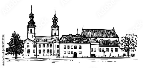 baroque church and historic buildings – monochrome outline vector illustration