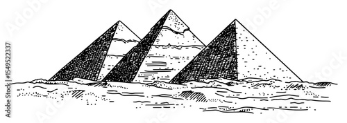 egyptian pyramids in desert – detailed monochrome outline vector