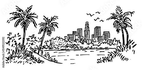 tropical city skyline – monochrome outline vector of modern cityscape