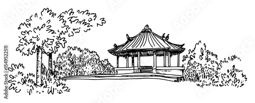 chinese garden pavilion – monochrome outline vector illustration