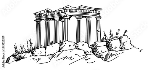 ancient greek temple ruins – monochrome outline vector illustration