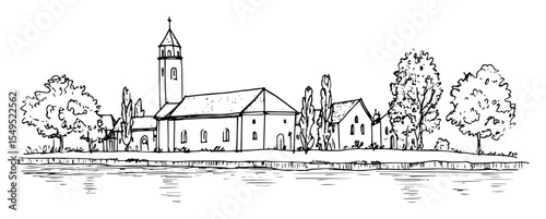church by the lake – monochrome outline vector of rural landscape