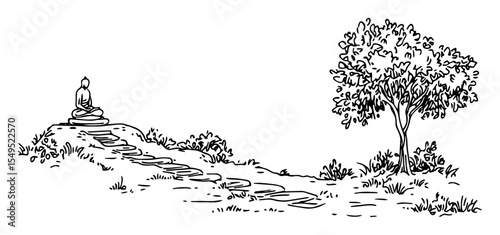 meditation on nature trail – black and white outline landscape illustration