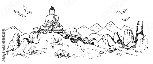 buddha statue in mountains – monochrome outline vector meditation scene