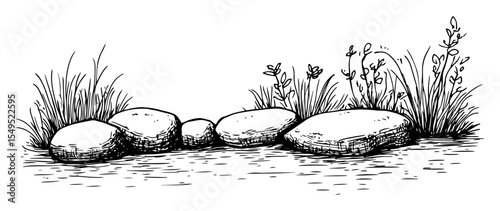 garden stepping stones and grass – black and white outline vector