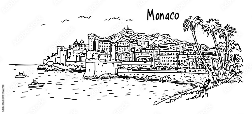 Obraz premium monaco old town on the coast – monochrome outline vector illustration