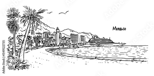 monaco beach and skyline – monochrome outline coastal city illustration