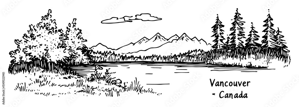 Obraz premium vancouver nature view with lake and mountains – monochrome outline vector